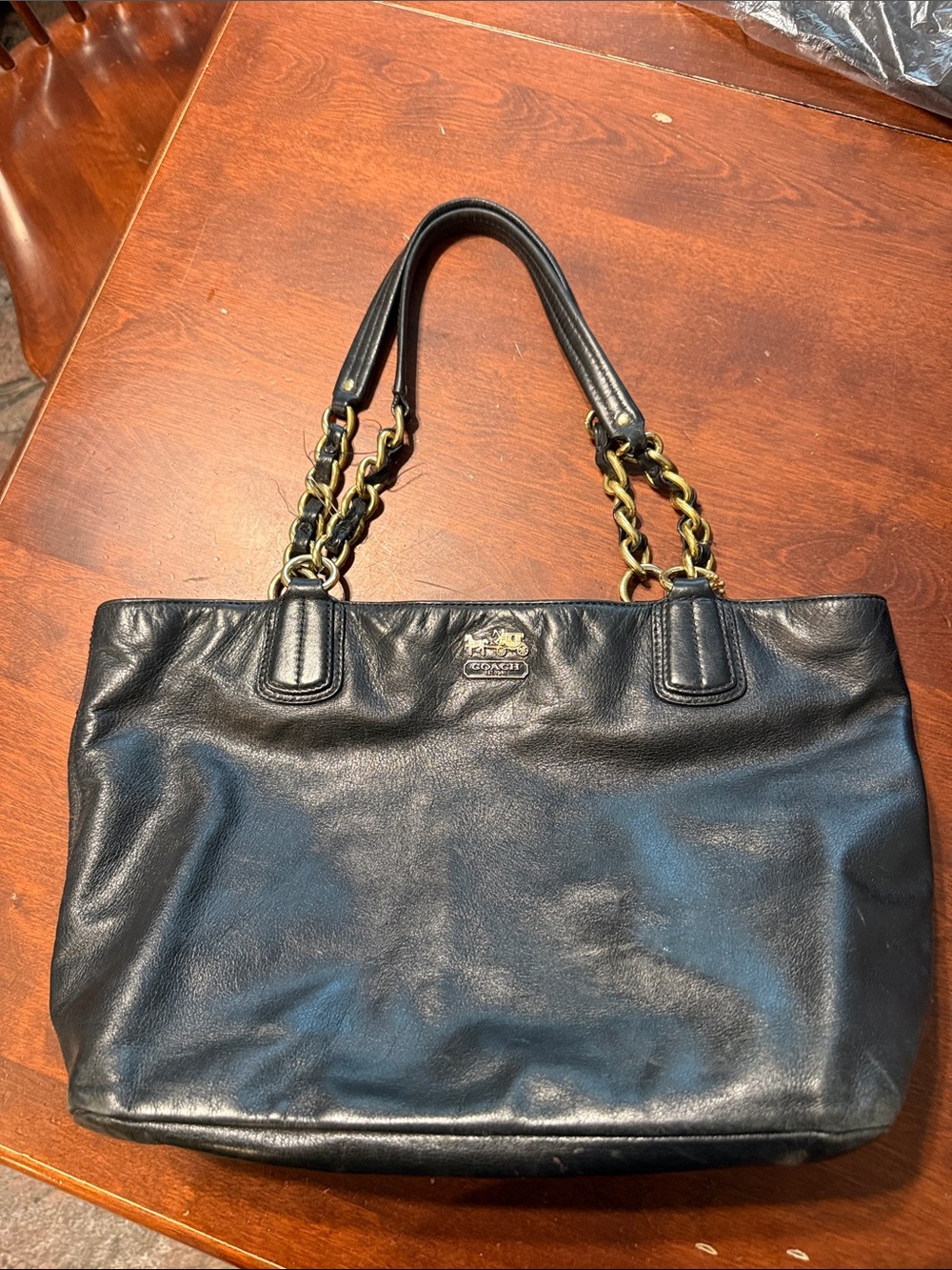 Coach Black Leather Shoulder Bag with Chain-Strap Detail